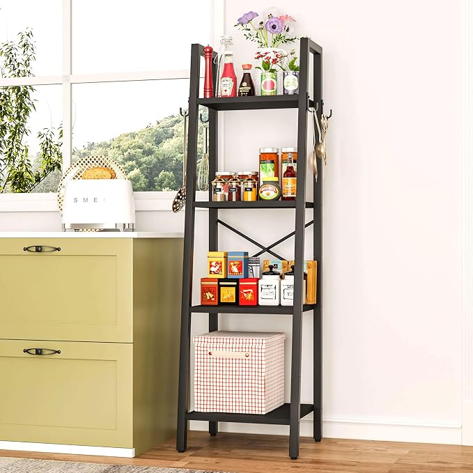 YMYNY 4 Tiers Ladder Bookcase, Industrial Narrow Bookshelf, Open Display Rack with 4 S Hooks, Metal Storage Shelves for Bedroom, Home Office, Living Room, Black, 49.2H*13.4L*11.8W, UHBC024B