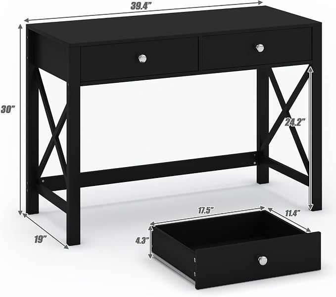 WiberWi Home Office Desk with Drawers, Modern Writing Computer Desk for Bedroom, Small Makeup Vanity Table Study Table for Home Office,Black