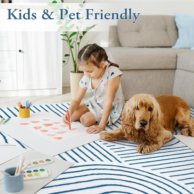 Lahome Abstract Washable Rugs, 4x6 Blue Rug for Bedroom Nursery Soft Non Slip Modern Living Room Rug, Ultra-Thin Non-Shedding Throw Carpet for Entryway Kitchen Office Darrell(4'x6',Blue/White)