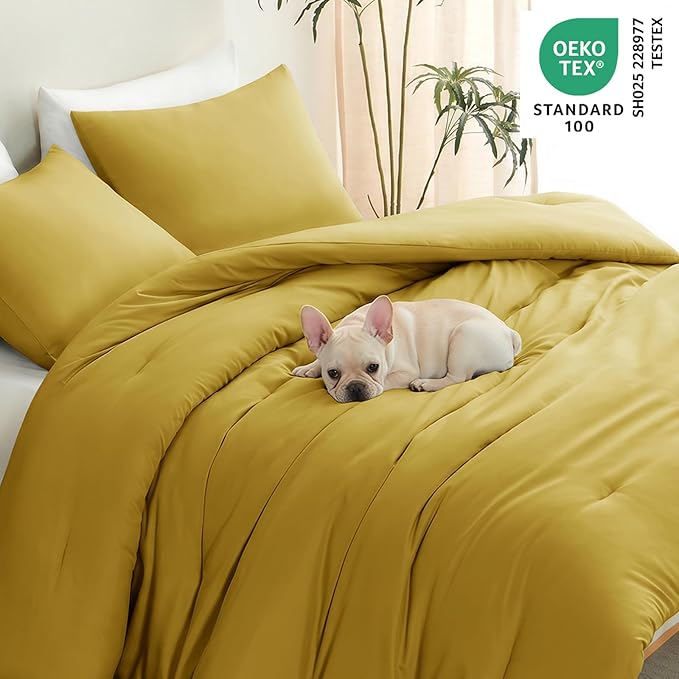 CozyLux King Size Comforter Set Mustard Yellow, 3 Pieces Lightweight Down Alternative Quilted Bedding Sets, All Season Soft Breathable Solid Comforter with 2 Pillowcases, Luxury Bed Set Gift for Home