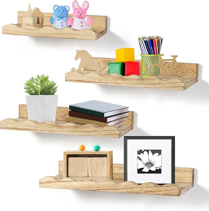 Suzile Set of 4 Floating Nursery Book Shelves for Wall Wood Floating Bookshelves Picture Small Ledge Shelf for Wall Boys Girls Teen Room Bathroom Bedroom Decor Storage