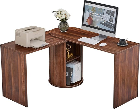 Fluted Computer PC Desk Table with Storage, Farmhouse Corner L Shaped Desk with Storage for Small Space, Modern Home Office Desk for Bedroom, for Writing, Executive, Study, Work - Walnut