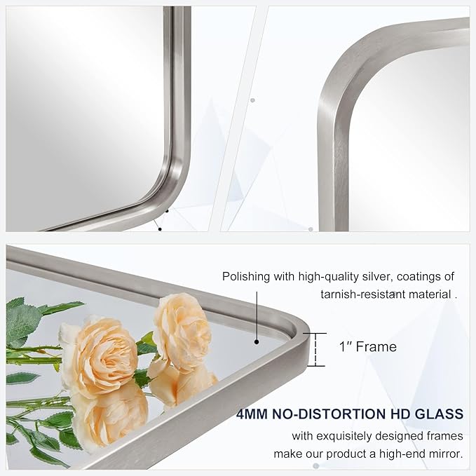 ANDY STAR Brushed Nickel Arched Mirror, 26x38’’ Arched Bathroom Mirro for Wall in Tube Metal Frame, SUS304-Anti-Rust, 1’’ Deep Set Wall Mounted Vertical