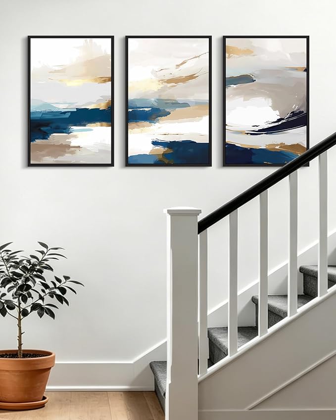 KUVIOKE Navy Blue Abstract Framed Canvas Wall Art Graffiti Shape Pastel Wall Decor Modern Minimalist Art Painting for Bedroom Living Room 16x24in (Black Framed)
