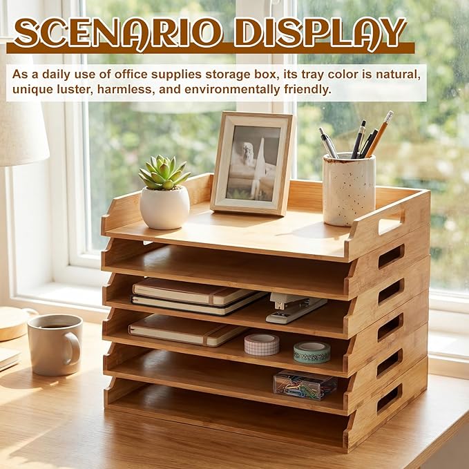 AceOrbit 6 Pcs Stackable Paper Tray Bamboo Wood Desk Organizer Letter Tray 6 Tier Wooden File Organizer Desk Shelf for Documents, Letter Sorter, Envelopes and Magazine Holder