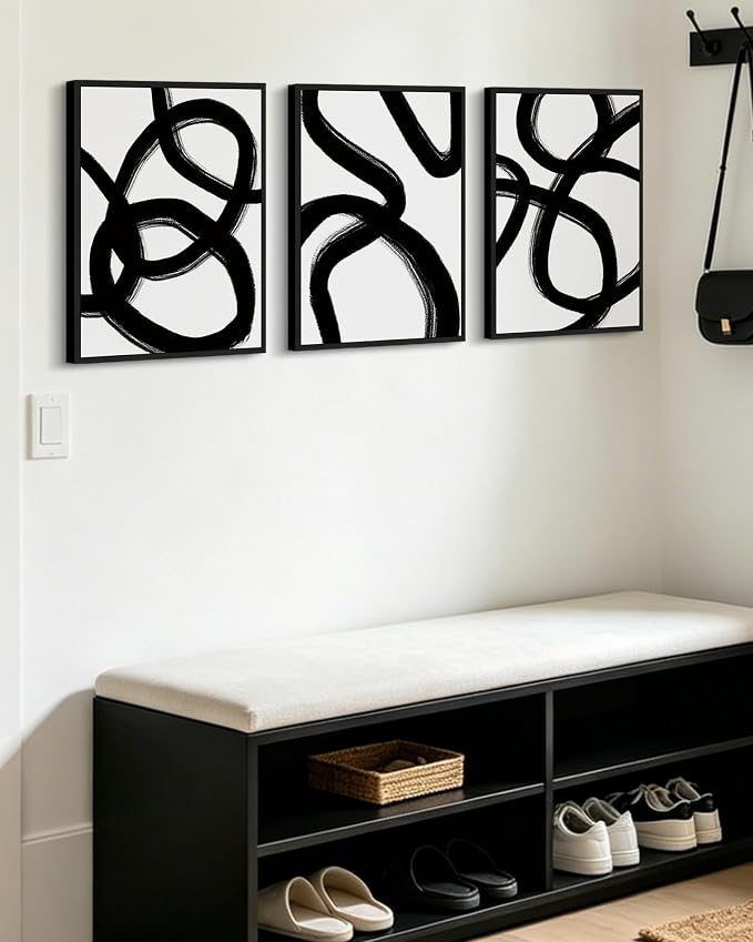 KUVIOKE Black and Grey Abstract Framed Wall Art Ink Wash Minimalist Lines Painting Artwork for Bedroom Hallway 12x16in (Black Framed)