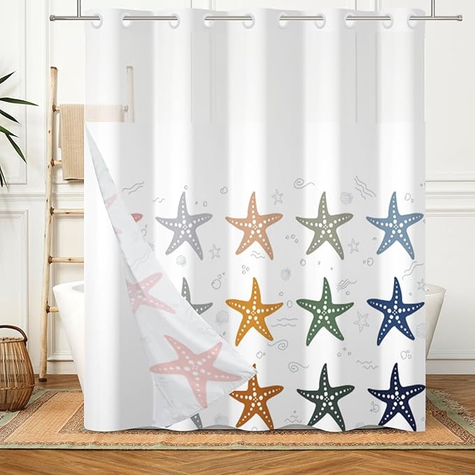 No Hook Shower Curtain with Snap in Liner Set Coastal Starfish Theme Shower Curtain for Bathroom Hotel Style Decor Waterproof and Washable Polyester Fabric Bath Curtains Shower 71Wx74H