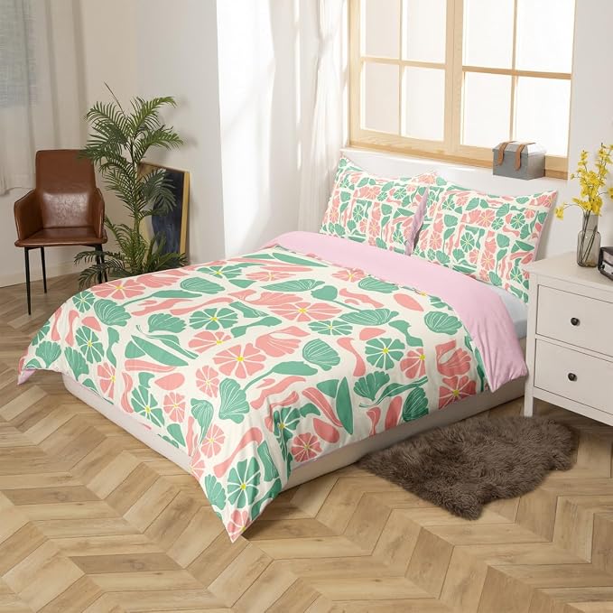 Erosebridal Retro Abstract Boho Floral Bedding Set King Mid Century Modern Duvet Cover Pink Green Flower Patchwork Geometric Comforter Cover for Kids Adults,Vintage Retro Botanical Bed Set