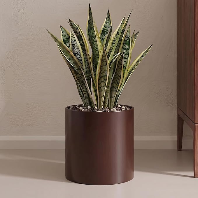 Coffee Metal Plant Pot with Drainage Hole,7 Inch Mid Century Modern Small Pot Indoor Outdoor Planters for Succulents, Flowers & Home Decor Gift Window Living Room Bedroom