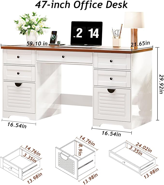 Ieejdn 59" Home Office Desks, Executive Desk, Farmhouse Computer Desk with 7 Drawers and Charging Station, File Drawer, Rustic Computer Writing Desk,Antique Cream
