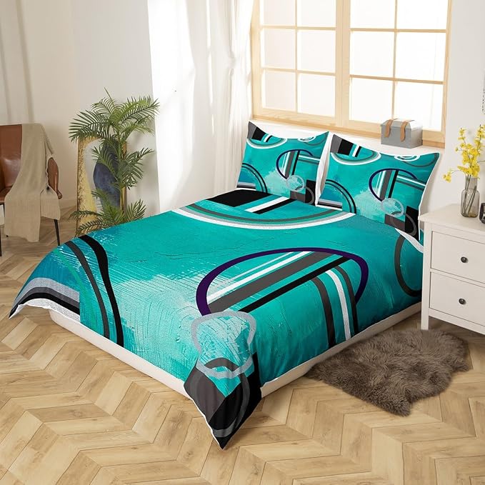 Erosebridal Geometric Circles Duvet Cover King,Teal Blue Grey Black Comforter Cover,Ombre Oil Painting Bedding Set,Modern Abstract Tie Dye Quilt Cover,Room Decor Bedspread Cover with 2 Pillow Cases