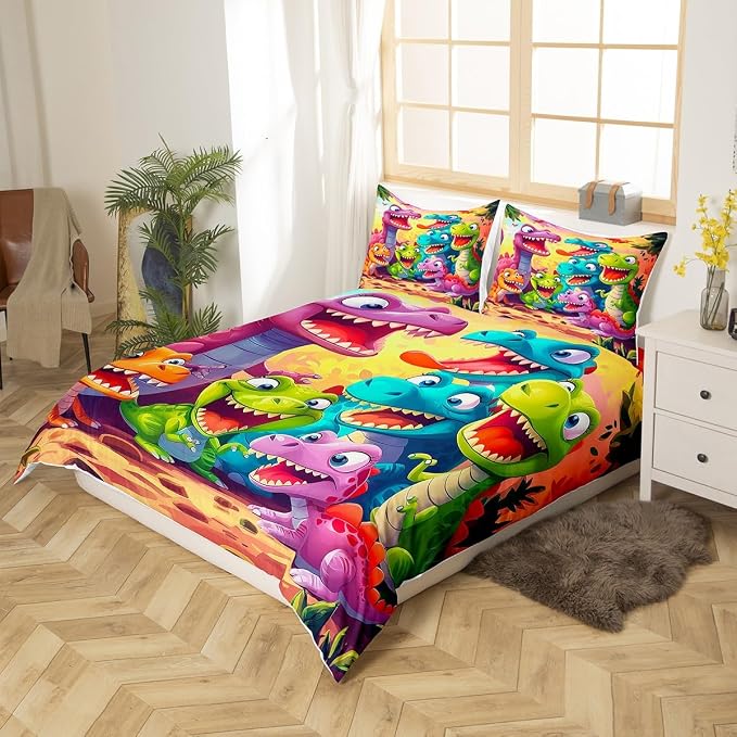 Manfei Watercolor Dinosaur Duvet Cover Set Twin Size,Cute Dino Botanical Plants Bedding Set for Boys Girls,Cartoon Animal Wildlife Comforter Cover,Brown Colorful Quilt Cover,1 Pillowcase(No Filler)