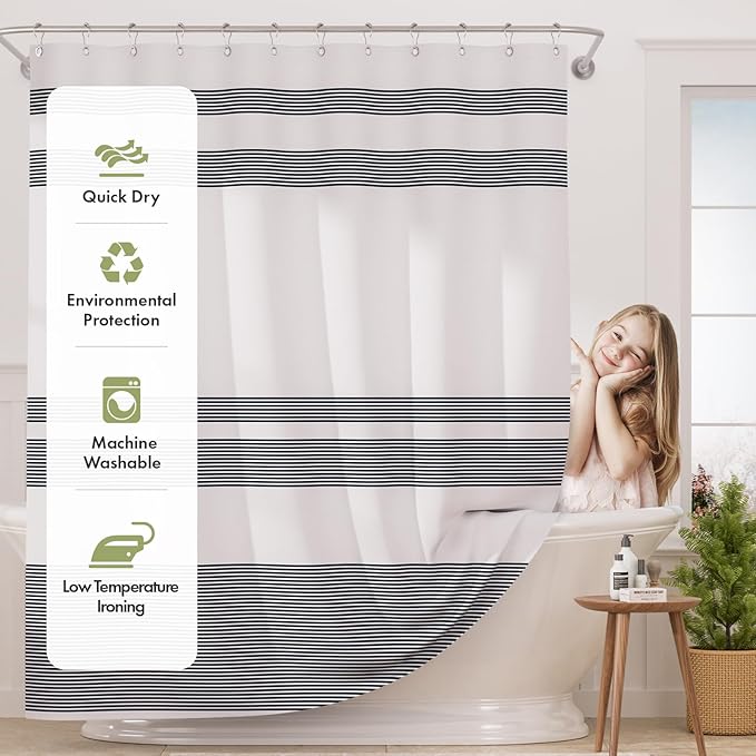 AmazerBath Striped Blue Shower Curtain, Cute Blue Stripe Bathroom Shower Curtain with 12 Shower Curtain Hooks, Rustic Fabric Blue and White, 72x72 Inches