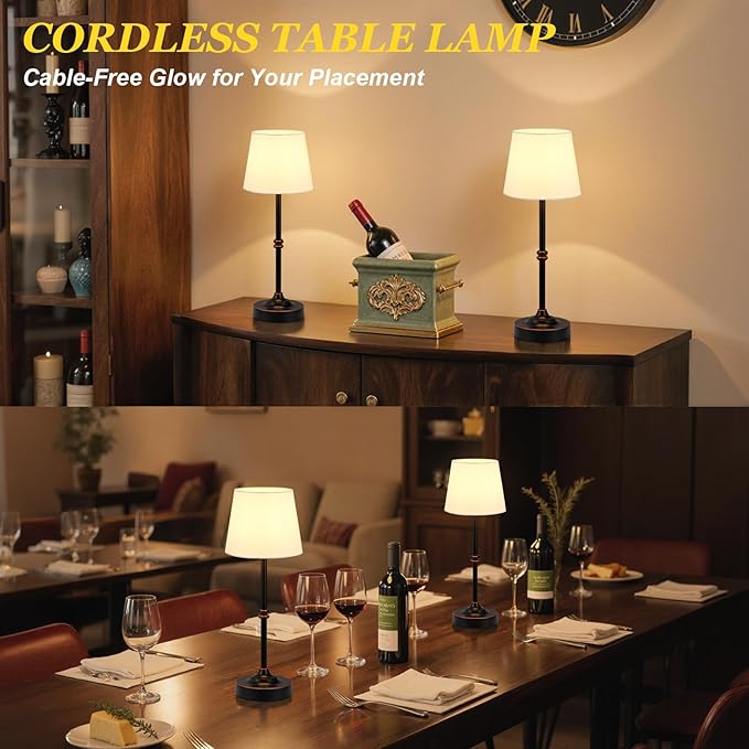Kakanuo Rechargeable Cordless Table Lamp Antique Black - 2 Pack 4000mAh Battery Operated Lamp, 3000K Warm Light, Touch Control Stepless Dimming, for Bedside, Dining Table, Home Decor
