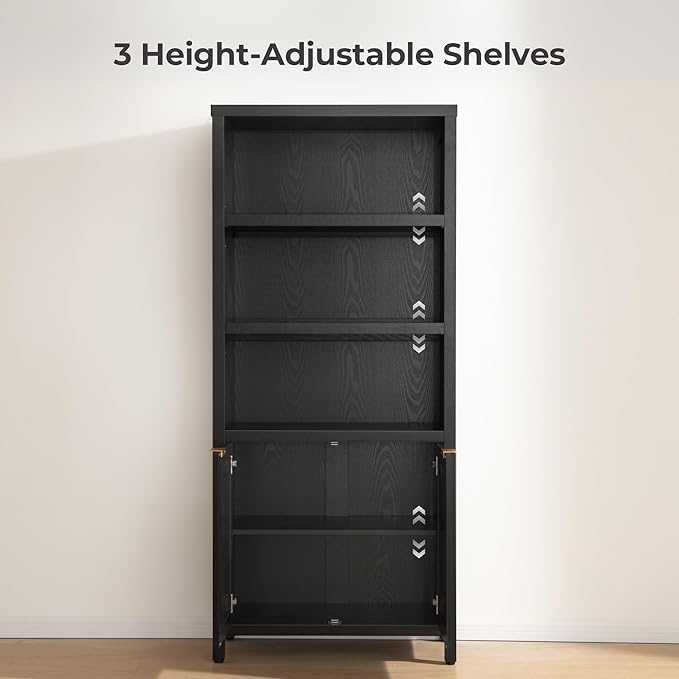 SICOTAS Bookcase 71" Tall Bookshelf 5 Tier Rattan Boho Bookcase with Doors Storage Large Book Case Shelf Farmhouse Bookshelves Library Book Shelves for Living Room Bedroom Home Office Kitchen