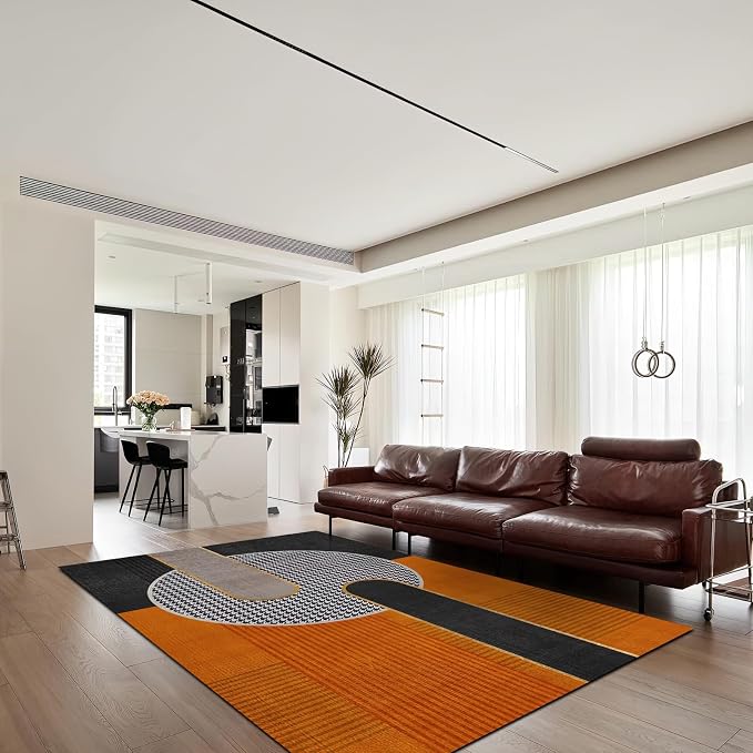 Luxury Orange Black Geometry Area Rug, Modern Style Non Slip Decorative Rugs, Breathable Durable Carpet for Indoor Bedroom Living Room Sofa Office Floor Rug - 4 ft x 6 ft