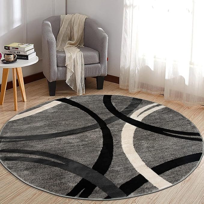 Rugshop Wavy Circles Design Round Rug, Carpet with Jute Backing for Living Room, Office, or Bedroom, Gray, 6'6" Round