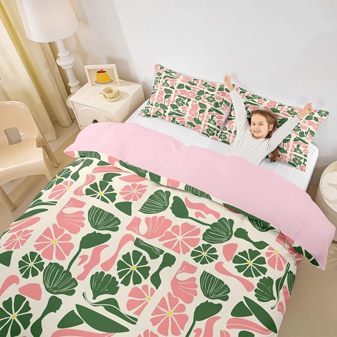 Erosebridal Mid Century Boho Comforter Cover Twin Cute Green Pink Floral Plant Patchwork Bedding Set Modern Abstract Geometric Duvet Cover for Kids Adults,Vintage Aesthetic Bed Set