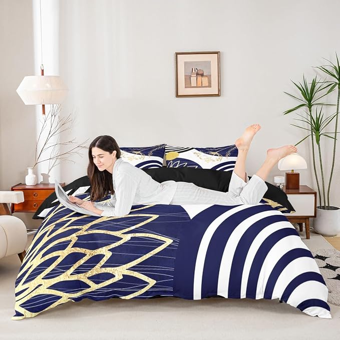 Erosebridal Navy Blue Boho Modern Duvet Cover King Size for Women Men Adults - Mid Century Abstract Comforter Cover Bohemian Geometric Bedding Set Chic Contemporary Stripes Bed Set