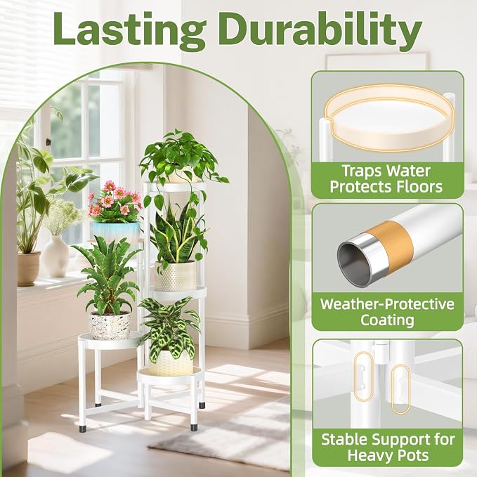 iDavosic.ly Plant Stand Indoor Outdoor, 5 Tier Corner Metal Flower Display Holder Shelf, Folding Tall Orchid Rack for Patio Balcony Porch Garden Living Room House, White