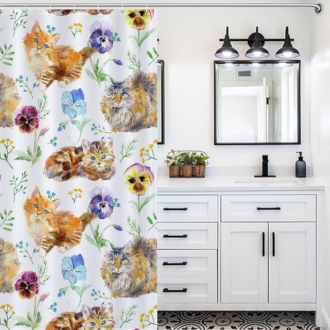 Cat Shower Curtain,Cute Cartoon Colorful Pets Paw Bathroom Curtain Polyester Waterproof Fabric Decor 66x72in（168x183cm）