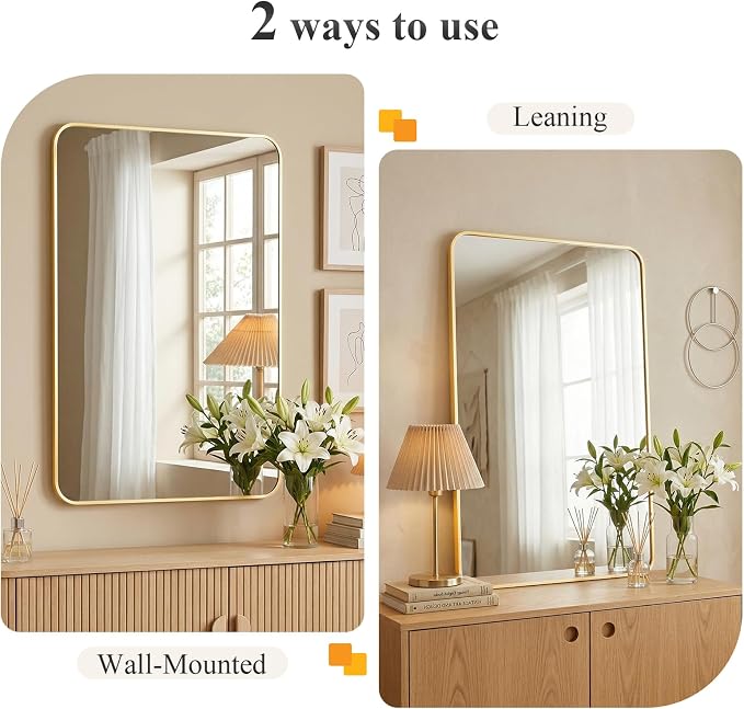 Sweetcrispy Bathroom Mirror for Over Sink, 20x28 Inch Wall Mount Mirror with a Rounded Rectangle and Matte Metal Frame, Modern Wall Vanity Mirrors for Home Decor, Living Room, Bedroom, Gold