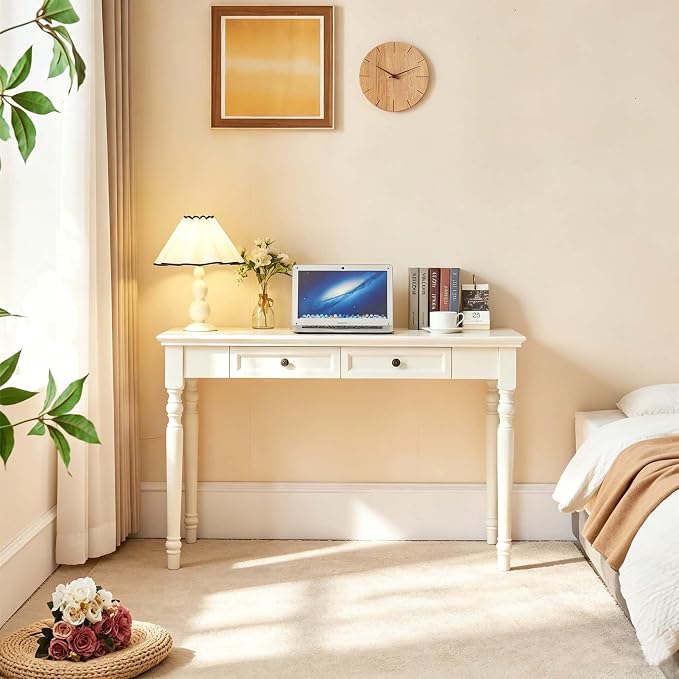 White Writing Desks with Drawers, 47" Solid Wood French Country Style Computer Desk for Home Office, Living Room Study or Workspace