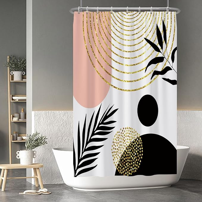Baocicco Mid Century Shower Curtain Boho Sun Plant Leaves Modern Abstract Gold Geometric Shower Curtains for Bathroom Bathtubs Waterproof Fabric Shower Curtain with Hooks 48x72 Inches