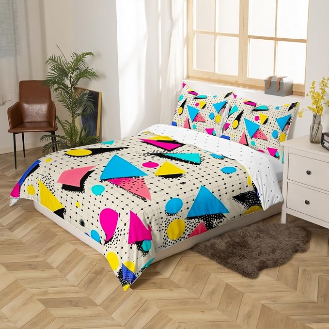 80s 90S Fashion Style Bedding Set Queen Size,Retro Memphis Style Pattern with Geometrical Shapes Duvet Cover for Kids Child,Funky Hipster Old Fashioned Comforter Cover Geometric Bedroom Decor