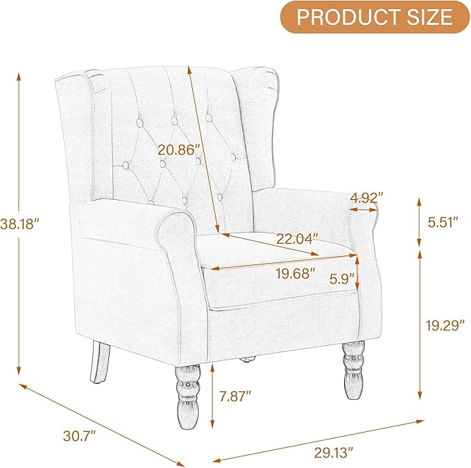 High Back Accent Chair, Fabric Wingback Chair Upholstered Armchair for Living Room, Retro Comfy Single Sofa Bedroom Reading Seat with Solid Wood Legs - Brown
