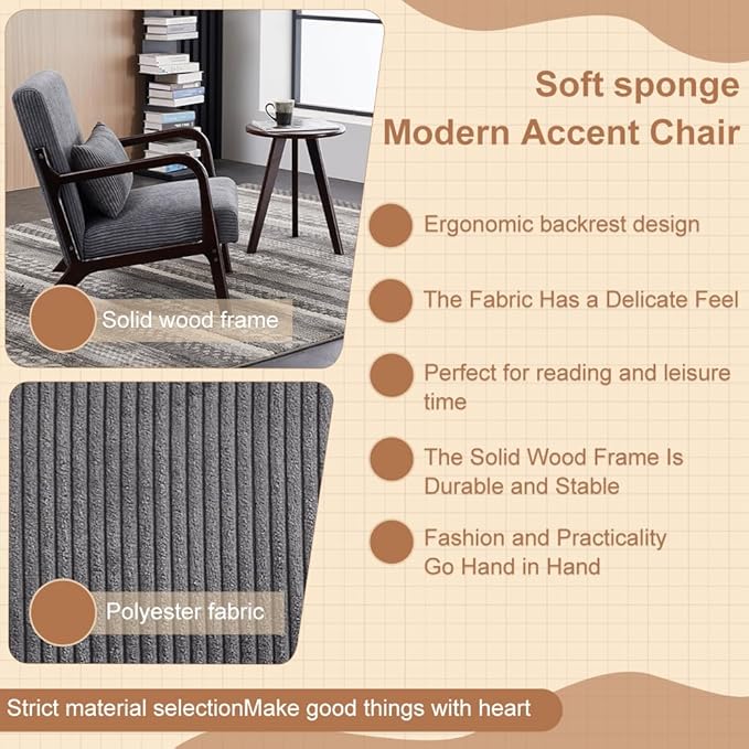 Accent Chairs with Side Table, Mid Century Modern Chair with Pillow, Arm Chair with Solid Wood, Reading Relaxing Leisure Chair for Living Room, Bed Room, Waiting Room, Grey