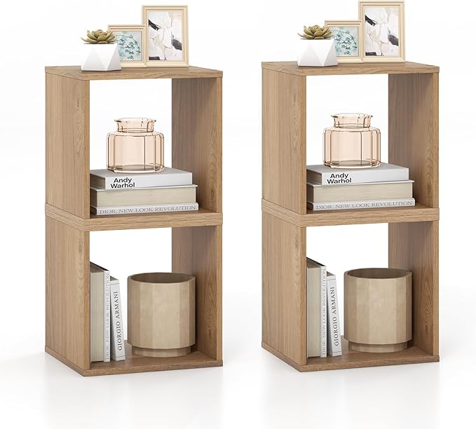 LOKO Stackable 2 Cube Storage Organizer Set of 2, Freestanding Cubby Storage Bookcase with Anti-toppling Device, 2-Tier Bookshelf, Combinable Record Player Stand for Living Room Study (2, Natural)
