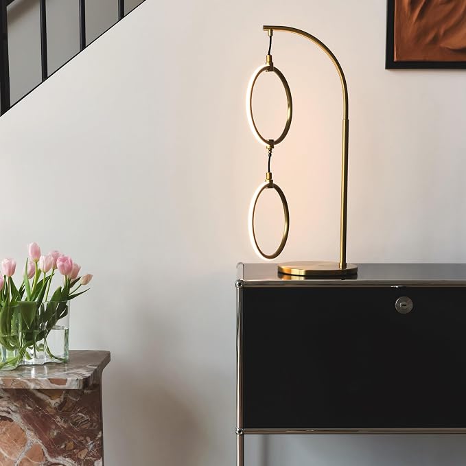 Brightech Nova Modern Table Lamp - Contemporary Arc Desk Lamp with 2-Circle Ring-Style Pendant - Alexa Compatible Nightstand Beside The Couch Lamp with Arching Pole Matches Living Room Décor - Brass