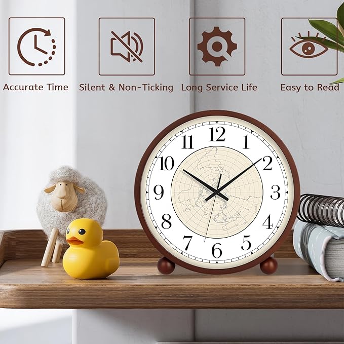 Maxspace Wooden Table Clock,8in Silent Non-Ticking Desk Clock,Battery Operated Desktop Analog Clock for Living Room Bedroom Kitchen Office Classroom Decor (Walnut - Map)