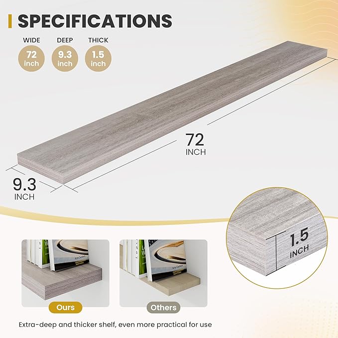 72 Inch Floating Shelves, 9.3" Deep Floating Shelf Wall Mounted, 72" Wall Shelves, Rustic Deep Bookshelf, Large Display Shelves & Storage Shelves for Bedroom, Living Room, Grey, Set of 2