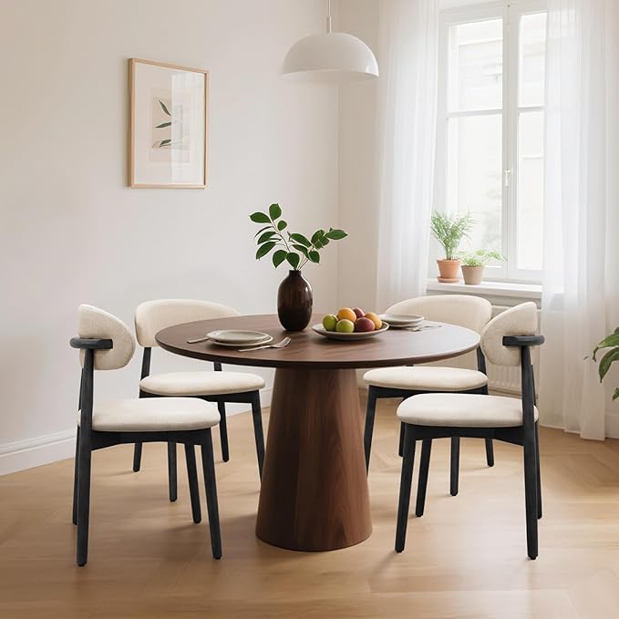 Farmhouse Dining Chairs Set of 2, Mid Century Modern Fabric Upholstered Kitchen Chairs, Wooden Dining Room Chair with Curved Back&Black Legs for Kitchen Dining Room Restaurant Cafe, Beige, Only Chairs