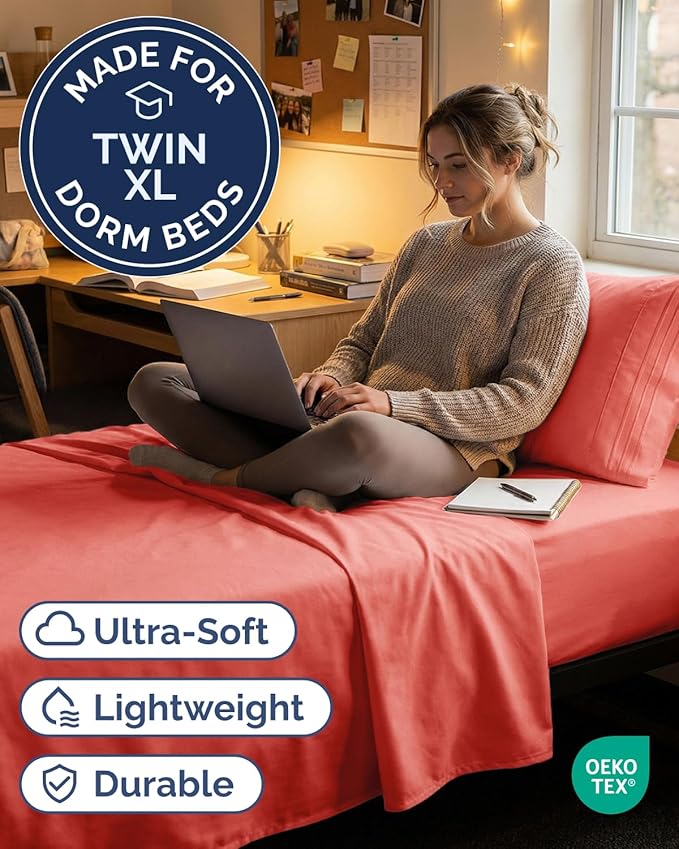 Twin XL Size 3 Piece Sheet Set - Comfy Breathable & Cooling Sheets - Hotel Luxury Bed Sheets for Women & Men - Deep Pockets, Easy-Fit, Extra Soft & Wrinkle Free Sheets - Coral Oeko-Tex Bed Sheet Set