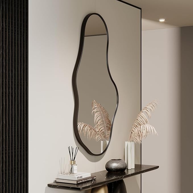 Irregular Wall Mirror - Black Wall Mirrors Decorative 22"x 36" Wavy Asymmetrical Abstract Mirror Aviation Aluminum Alloy Frame Unique for Vanity, Entryway, Bathroom, Bedroom, Living Room, Cloakroom