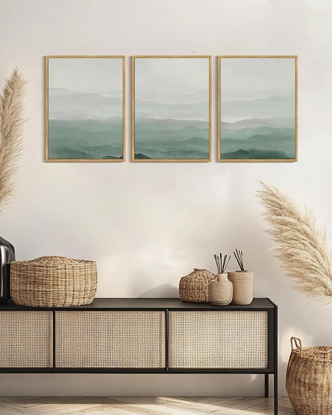 KUVIOKE Green Watercolor Mountains in Fog Framed Canvas Wall Art Wilderness Nature Landscape Artwork Painting Boho Rustic Scenic Relax Cool Room Decor for Bedroom Living Room 12x16in (Natural Framed)