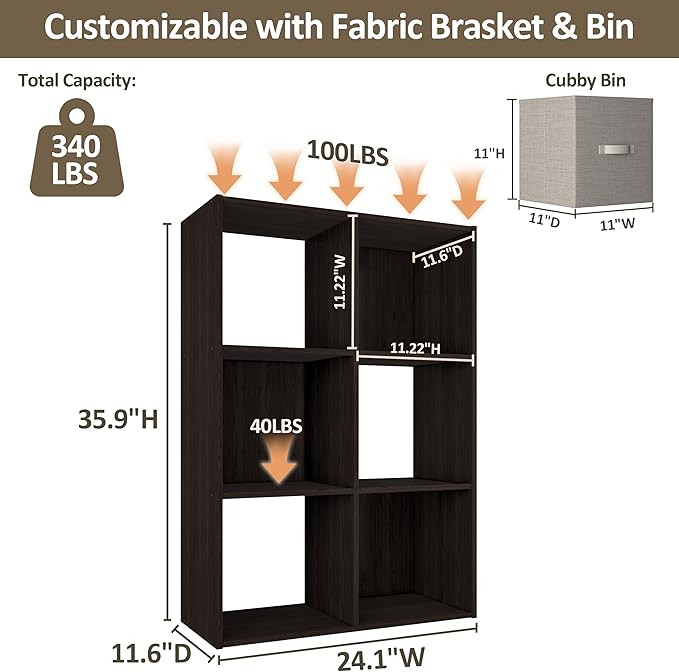 PrimeZone Stackable 6 Cube Storage Organizer: Wood Cubes Shelf Fits Cubby Bins - Square Cubicle Bookshelf Cabinet for Closet Bedroom - Open Storage Shelf for Toy Clothes Book Organization, Espresso