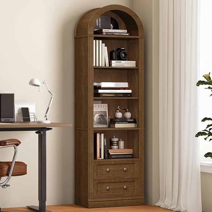RALGEND Tall Narrow Bookshelf, Arched Bookshelf with 2 Drawers, 7-Tier Farmhouse Arch Bookcase, Wooden Book Shelf with Open Display Shelves for Office, Living Room, Kitchen, Walnut