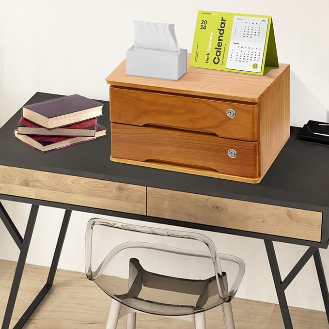 Desktop File Organizer with Lock, 2/3/4 Tier Multi-Drawer Wooden Storage Cabinet, Office Supply Organizer for Home Desk, Study & Workplace (Brown, 2 Layers)