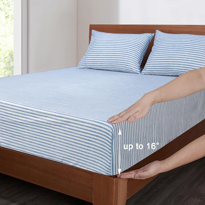 Mejoroom Striped King Size Sheet Set - Soft Microfiber Bed Sheets,Deep Pocket Fitted Sheet, Soft, Breathable, Wrinkle & Fade Resistant - 4 Piece (Blue Stripe)