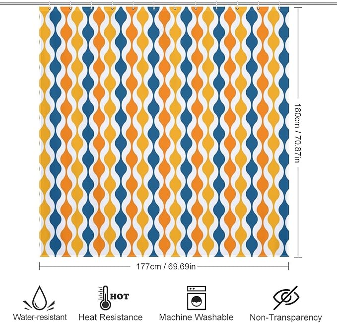 Mid Century Shower Curtain,Retro Colourful Modern Abstract Geometric 1960s Decor Bathroom Curtain Polyester Waterproof Fabric 72x72in（183x183cm）