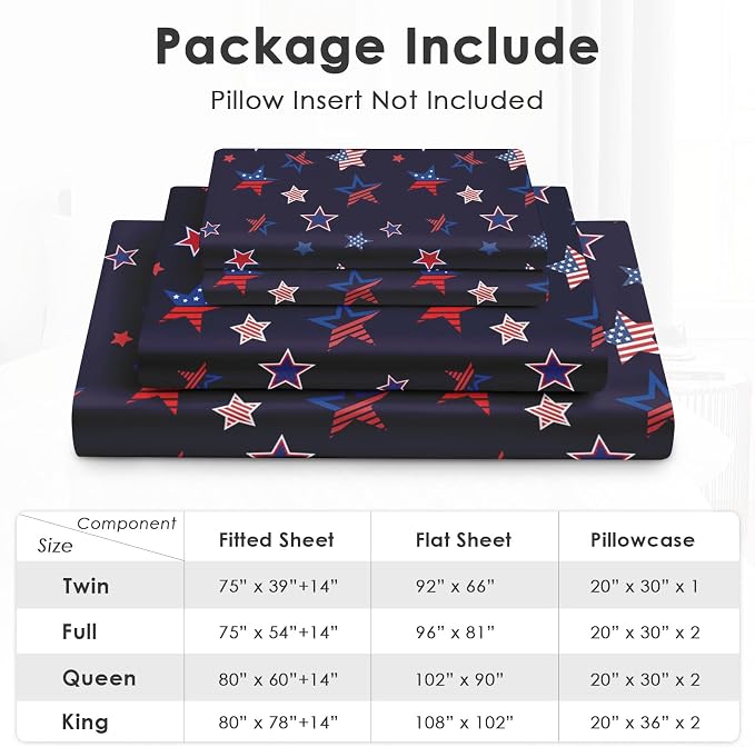 Pamnest Twin Size Bed Sheet Sets, American Flag Patriotic Soft Microfiber 3 Pcs Bedding Sets for Kids and Adults Bedroom Bed Decor, 4Th July Fourth Flat, Fitted Sheet and Pillowcases