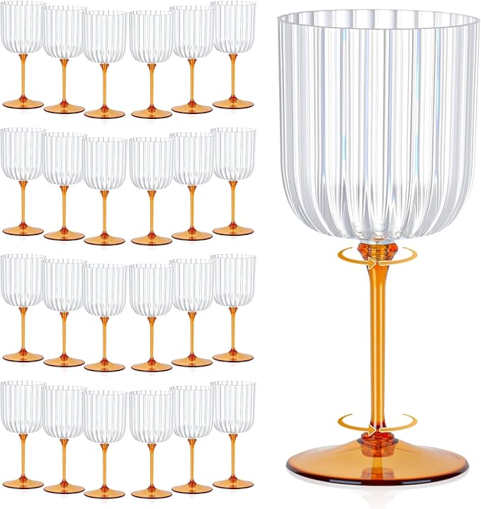 24 PCS Plastic Ribbed Wine Glasses 11oz Clear and Amber Detachable Wine Goblet Unbreakable Vintage Ripple Water Goblets Cocktail Drinking Cups for Parties Weddings Poolside Outdoors