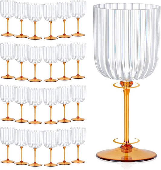 24 PCS Plastic Ribbed Wine Glasses 11oz Clear and Amber Detachable Wine Goblet Unbreakable Vintage Ripple Water Goblets Cocktail Drinking Cups for Parties Weddings Poolside Outdoors