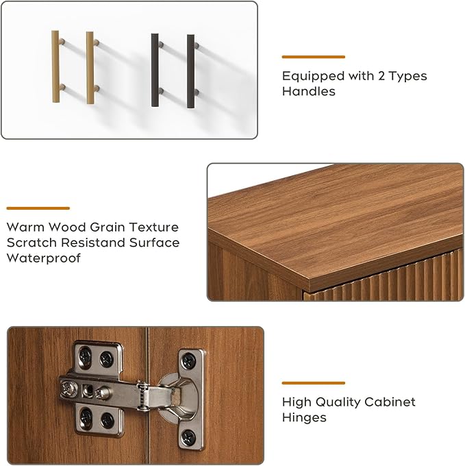 Yechen Walnut Accent Fluted Sideboard Buffet Cabinet with Storage and 4 Doors, Mordern Credenza Storage Cabinet with Adjustable Shelves, Media Console Table, for Living Room Dinning Entryway Kitchen