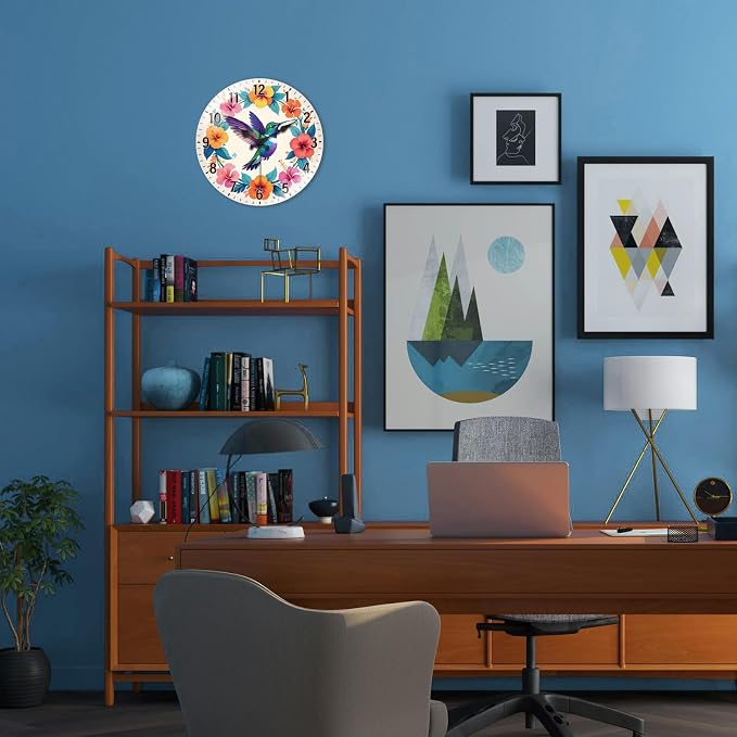 peacoblue Wall Clocks Battery Operated 12 Inch Hummingbird and Flowers Glass Round Wall Clock Non Ticking for Kitchen Living Room Dining Room Bedroom and Bathroom Decor (Battery not Included)