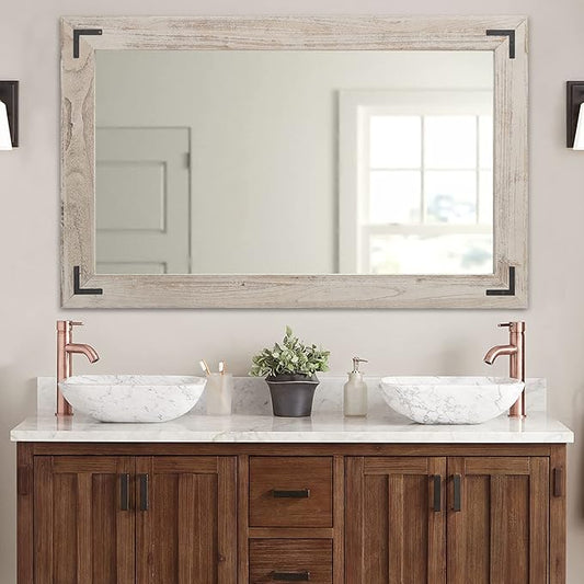 YOSHOOT Rustic Wooden Framed Wall Mirror, Natural Wood Bathroom Vanity Mirror for Farmhouse Decor, Vertical or Horizontal Hanging (40" x 26", White Grey)